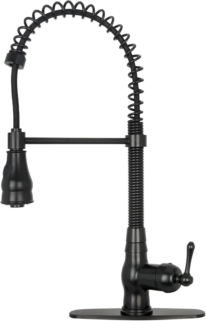 Akicon Pre-Rinse Spring Kitchen Faucet, Single Handle Solid Brass High Arc Pull Down Sprayer Head Kitchen Sink Faucet with Deck Plate