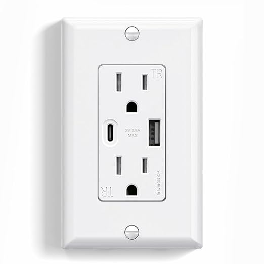 ELEGRP USB Wall Outlet, 15 Amp USB C Wall Outlets Receptacles, Outlets with USB A and C Ports, Tamper Resistant Receptacle, Wall Plate Included, UL Listed, 1 Pack, White