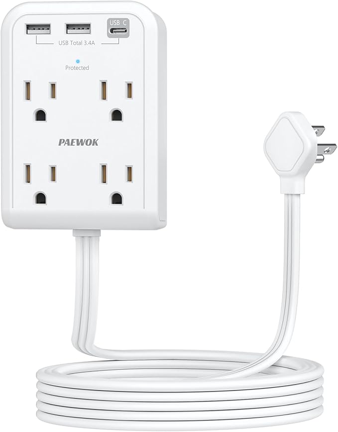Flat Plug Outlet Extender with 3 USB Wall Plug(1 Type C), 4 AC Socket Wall Adapter, Electrical Outlet Extender, Power Strip Surge Protection with 8 ft Thin Extension Cord. White