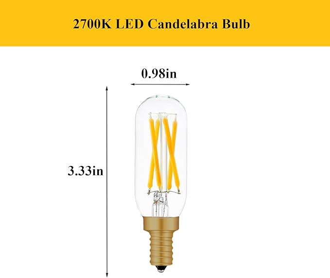 E12 LED Bulb Dimmable 40 Watt Equivalent Warm White 2700K T6 Bulb Type with E12 Base, LED 4W E12 Candelabra Bulb Clear Glass, 6 Pack