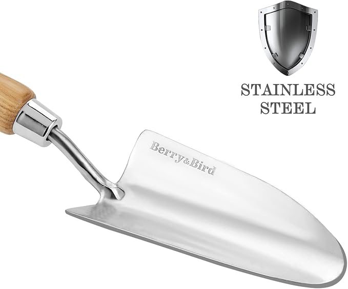 Berry&Bird Stainless Steel Trowel, Garden Small Flower Hand Shovel, Potting Soils Scoop with Wood Handle, Gardening Bonsai Tools for Transplanting Digging Weeding Planting
