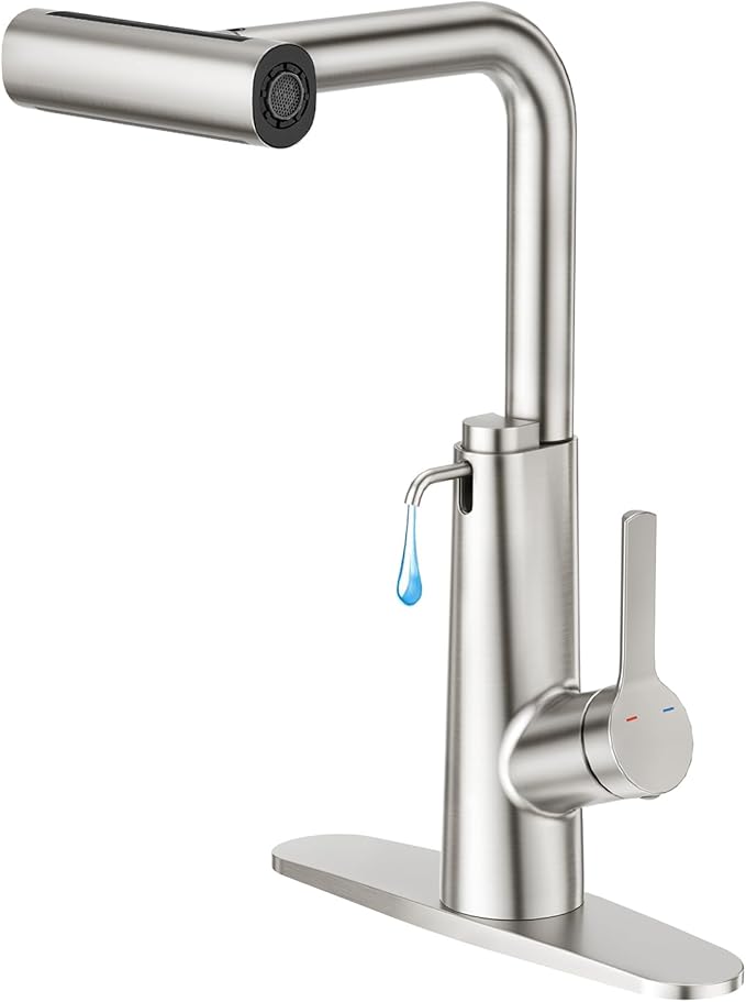 CREA Waterfall Kitchen Faucets with Soap Dispenser Built-in,4 Modes Bar Sink Faucet with Pull Down Sprayer,Single Handle 1 Hole Utility Faucet for Laundry Brushed Nickel Stainless Steel