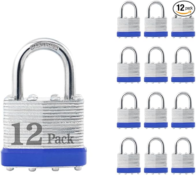 ZonRo Locks Laminated Steel Keyed Padlocks,Keyed Alike Locks, 1-9/16 inch Wide,Normal Shackle Padlocks, Pack of 12，Blue Hoop, for Hasp Latch, Sheds, Fences, Storage Locker, School, Gym…