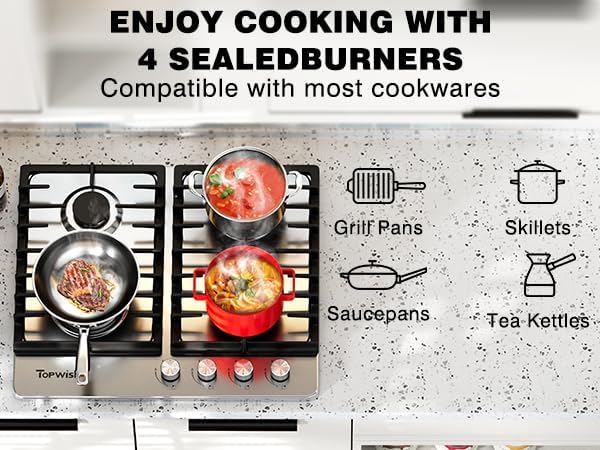 24 Inch Gas Cooktop, Propane Stove Top with 4 ITALY SABAF Sealed Burners 27,400 BTU, NG/LPG Convertible Built-in Stainless Steel Stovetop with Thermocouple Protection for Rvs Kitchen Outdoor