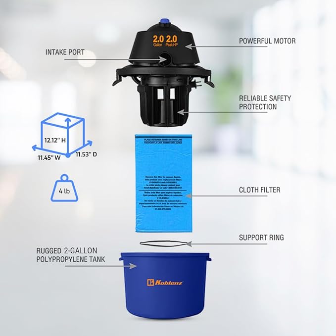 Koblenz WD-2L Portable Wet Dry Vacuum, 2-Gallon 2 PHP Suction Plus Blower Vacuum Cleaner for Liquids, Dust, Pet Hairs, 10' Reach, Ideal for Home, Car, Garage, Shop, Accessories Included, Blue/Black
