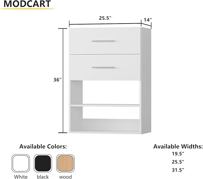 2 Drawer Short Tower Closet Unit, Modular Closet System, Wood Closet System Organizer with Storage for Walk In Closets, Clothing Rack Closet for Hanging Clothes, Bedroom, White, 25.5"W