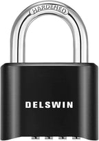DELSWIN 4-Digit Combination Lock Outdoor Padlock - Heavy Duty Locker Lock with Hardened Steel Shackle, Waterproof Combo Lock for Gym Locker, Hasp Storage, Shed, Fence, Gate (Black,1Pcs)