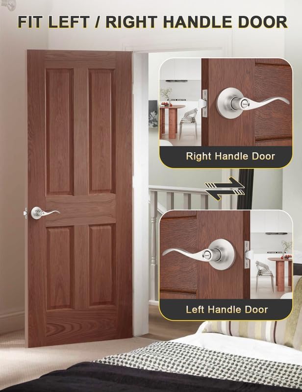 Mengico 10 Pack Satin Nickel Privacy Door Lever, Modern Interior Door Knobs Locks for Bedroom and Bathroom, Heavy Duty Door Handle, Reversible Wave Lever Handle