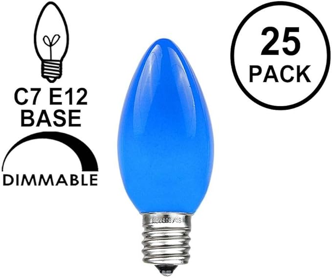 Novelty Lights Ceramic Christmas Replacement Bulbs - Outdoor Individual Bulbs for Events, Holiday Parties, Patios, and More - C7/E12 Candelabra Base, 5 Watt Lights (Blue, 25 Pack)