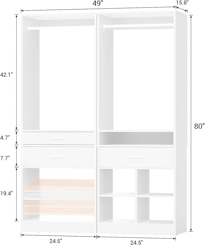 Unikito 50” W x 80'' H Closet Organizer Storage System with 2 Hanging Rod and 2 Wooden Drawers, Adjustable Shoes Rack, 4 Cubby Storage, Walk-in Closet Tower for Bedroom, Mudroom, and Entryway, White