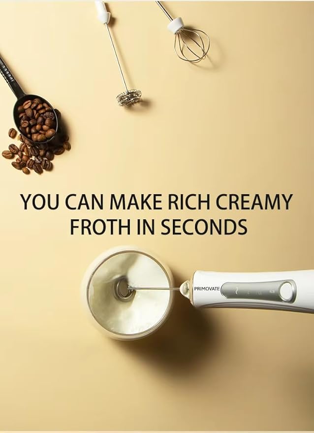 Rechargable Milk Frother, Handheld Drink Mixer with Whisk Attachment, 2025 upgraded, powerfull 3 speed motor, Type C charging with charge light, with extra egg mix head (White without Stand)