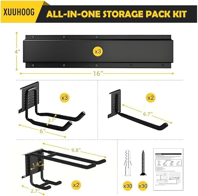 “48” Adjustable Garage Wall Tool Organizer - Full-Length Bracket for Garage Storage with 3 Tool Hooks, 2 Double Hooks, 2 Single Hooks and 3 Rails in Heavy-Duty Construction,Tool Organizer