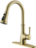 WEWE Vintage Kitchen Faucet with Pull Down Sprayer, Stainless Steel 1 or 3 Hole High Arc Single Handle Antique Sink Faucet for Classic Modern Ktichen, Gold