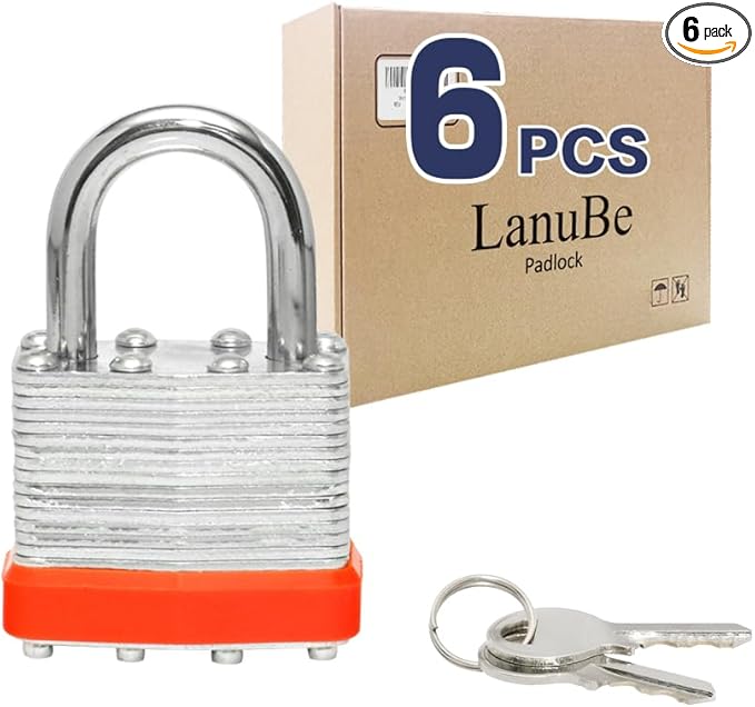 LanuBe Lock Laminated keyed Padlock (1-9/16", 40mm), keyed Alike Locks, Normal Shackle,Marked Orange Plastic Hoop, Pack of 6