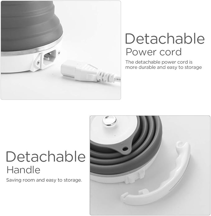 110V 555ML Ultrathin Travel Foldable Electric Kettle with Separable Power Cord and Handle, Boil Dry Protection, Food Grade Silicone