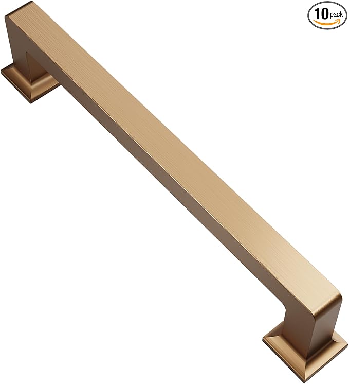 Alzassbg 10 Pack Champagne Bronze Cabinet Pulls, 5 Inch(128mm) Hole Centers Cabinet Handles Square Kitchen Hardware for Cabinets AL3046TGP