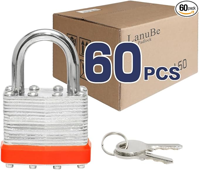 LanuBe Lock Laminated keyed Padlock (1-9/16", 40mm), keyed Alike Locks, Normal Shackle,Marked Orange Plastic Hoop, Pack of 60