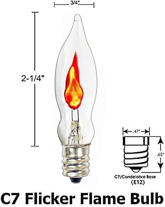 SUNSGNE Christmas Flicker Flame Light Bulbs, Crystal Clear Flame Tip Candelabra Bulbs, C18 Flickering Replacement Bulbs Dances with Orange Flame, 1 Watt, 120 Volt, E12 Candelabra Base, 12 Pack