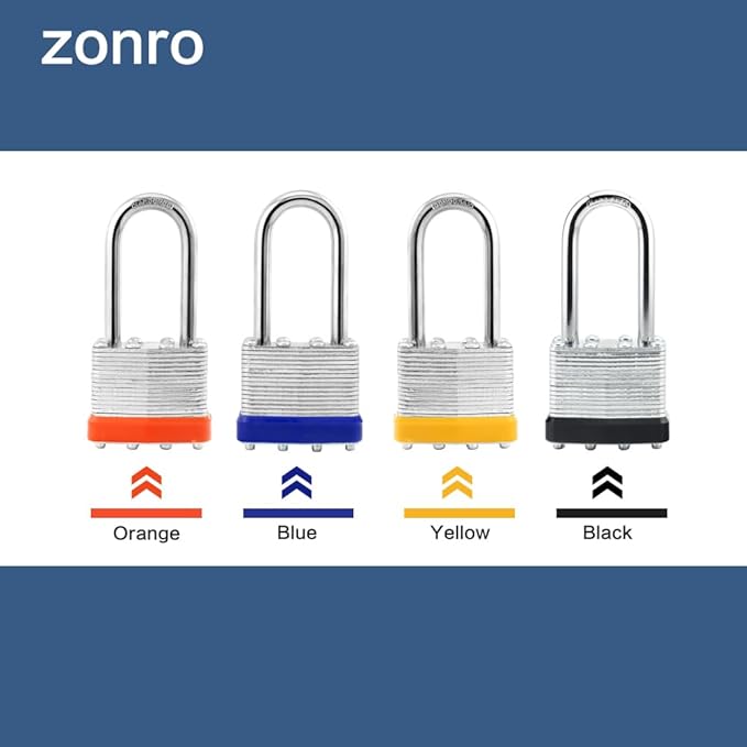 ZonRo Locks Laminated Steel Keyed Padlocks,Keyed Alike Locks, 1-9/16 inch Wide,Long Shackle Padlocks, Pack of 12，Yellow Hoop, for Hasp Latch, Sheds, Fences, Storage Locker, School, Gym