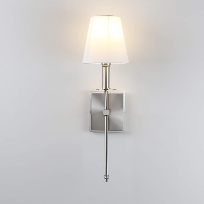 PERMO Single Classic Rustic Industrial Wall Sconce Hardwired Lighting Fixture with Flared White Textile Lamp Shade and Brushed Nickel Tapered Column Stand,Hardwired E26 Base