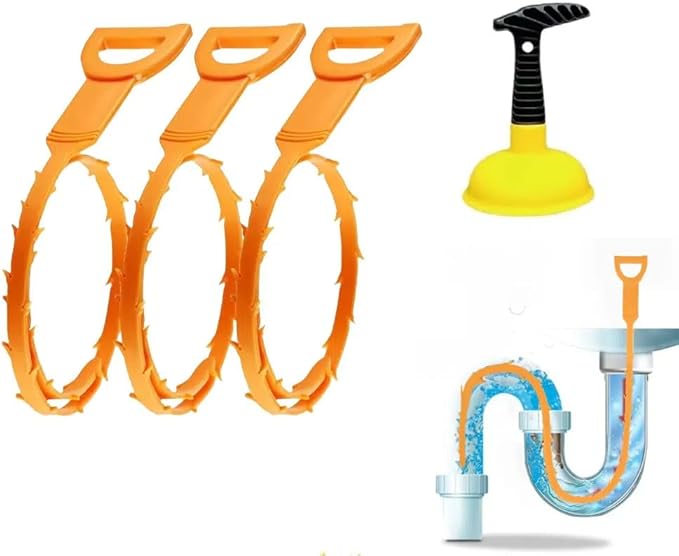 Sink Plunger with 3 Drain Clog Remover Tools – Compact Manual Plunger and Flexible Drain Snakes for Unclogging Bathroom, Kitchen, and Shower Drains