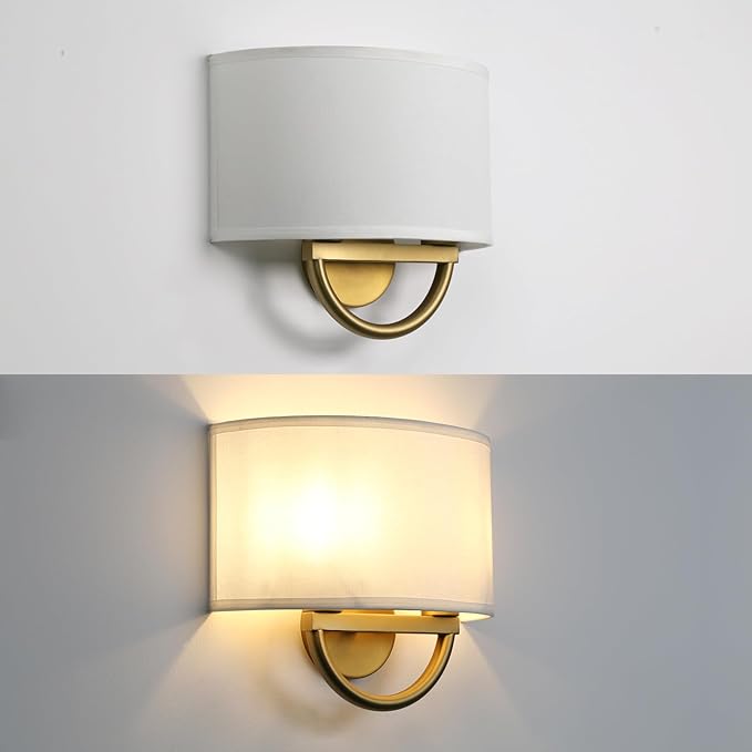 Industrial 2-Lights Wall Sconce Fixture with White Fabric Shade, Double Arm Wall Light Lamps Decor for Hallway Bedroom Living Room Bathroom Stairway