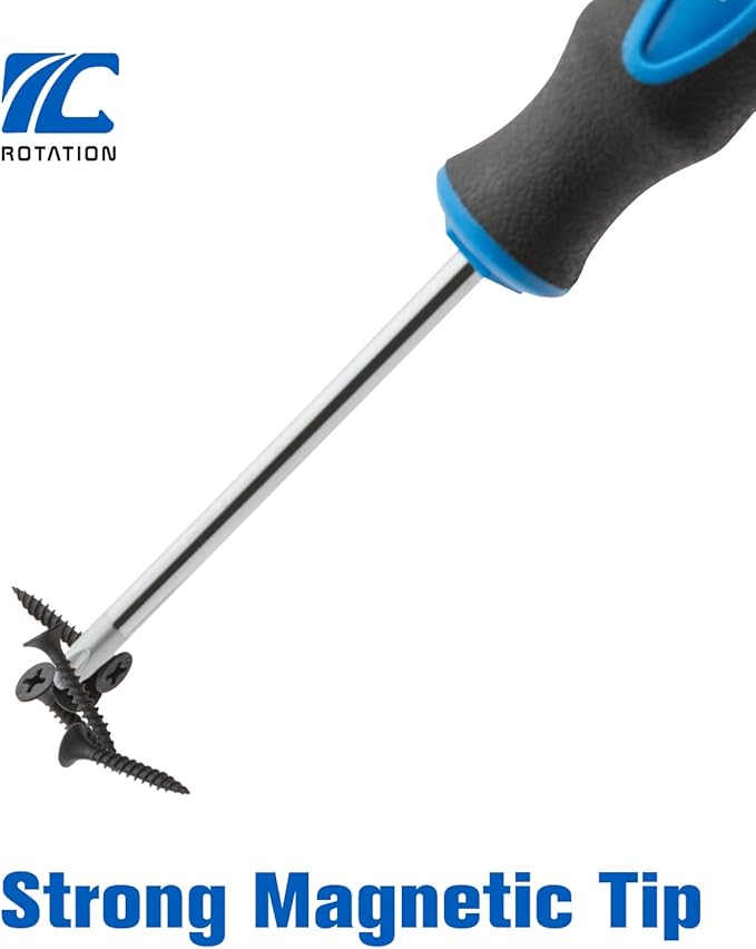 ROTATION 8-Piece Magnetic Screwdrivers Set with Nichrome tip, 4 Phillips and 4 Slotted Tips, Professional Cushion Grip Screwdriver Set with High Torque (8pc_silver tip_gloss)