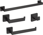 4-Piece Bathroom Hardware Set, Towel Rack Towel Bar Towel Holder Toilet Paper Holder Matte Black Towel Hooks Modern Square Stainless Steel Wall Mounted Bathroom Accessories Set (16inch)