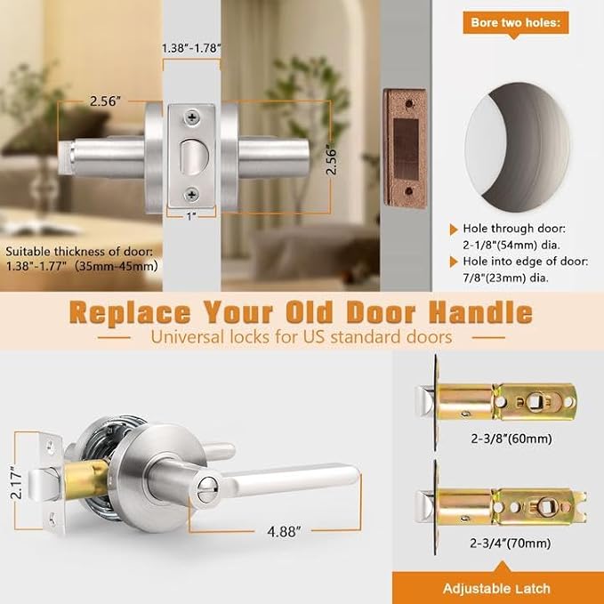 Probrico Interior Brushed Nickel Door Handle, Slim Handed Privacy Door Handles, Keyless Door Levers Lockset for Bedroom and Bathroom (8 Pack, Modern)