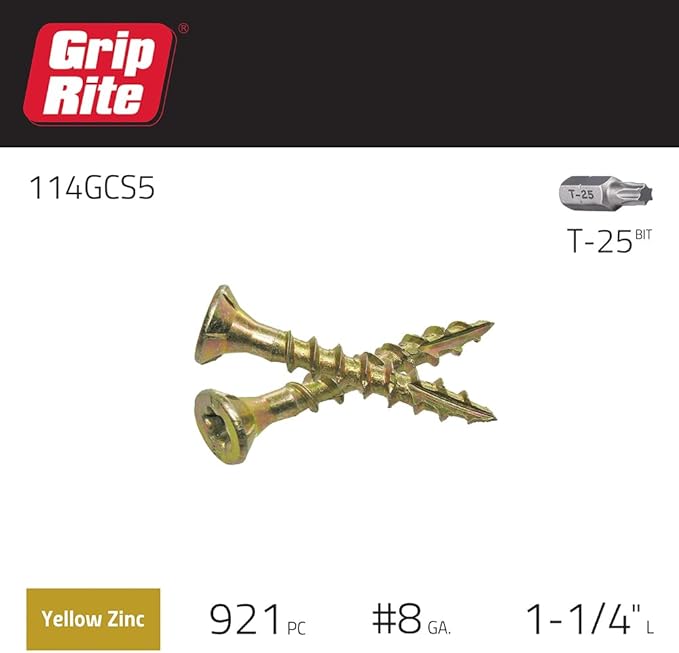 Grip-Rite 114GCS5#8 x 1-1/4", T25 Star Drive Gold Construction Wood Screw, 5lb Box