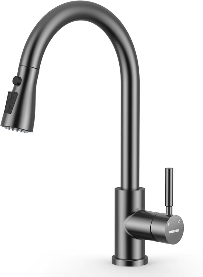 WEWE Kitchen Faucets with Pull Down Sprayer, Stainless Steel Single Handle 1 Hole for Family Kitchen Commercial Camper Laundry Rv Bar, Matte Gray