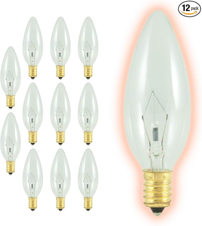 GoodBulb 25 Watt Torpedo Candelabra Light Bulbs B10 Clear Finish E12 Base 2700K Soft White Light Dimmable 25W 175 Lumens Decorative Chandelier Bulbs Incandescent 12 Bulbs Pack