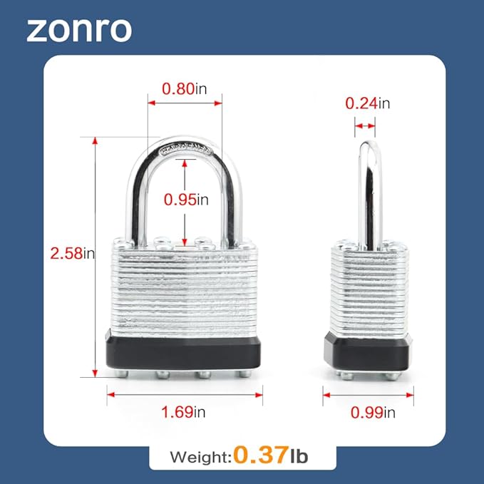 ZonRo Locks Laminated Steel Keyed Padlocks,Keyed Alike Locks, 1-9/16 inch Wide,Normal Shackle Padlocks, Pack of 24，Black Hoop, for Hasp Latch, Sheds, Fences, Storage Locker, School, Gym…