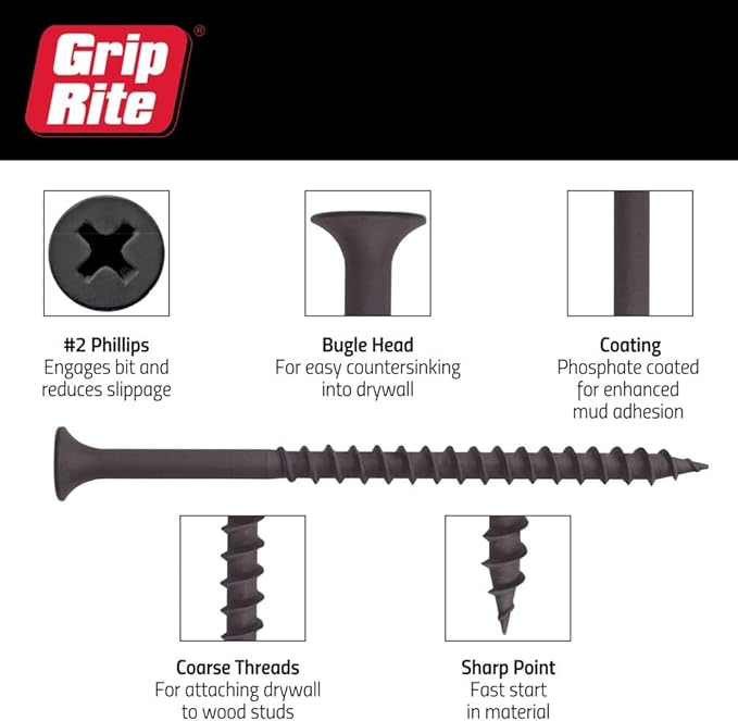 Grip-Rite 114CDWS1#6 X 1-1/4" Phillips Bugle Head Coarse Thread Sharp Point Drywall Screw, 1lb Box