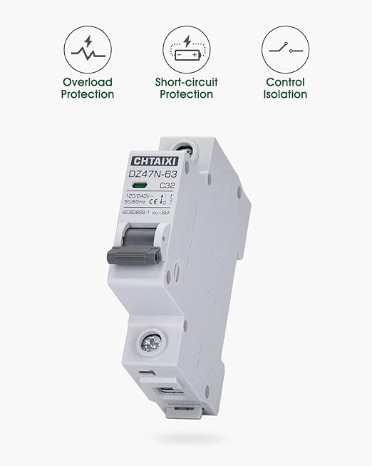AC Miniature Circuit Breaker, 32 Amp 120V/240V 1 Pole DIN Rail Mount Circuit Breaker, Thermal Magnetic Trip, Solar AC Disconnect Switch MCB C32
