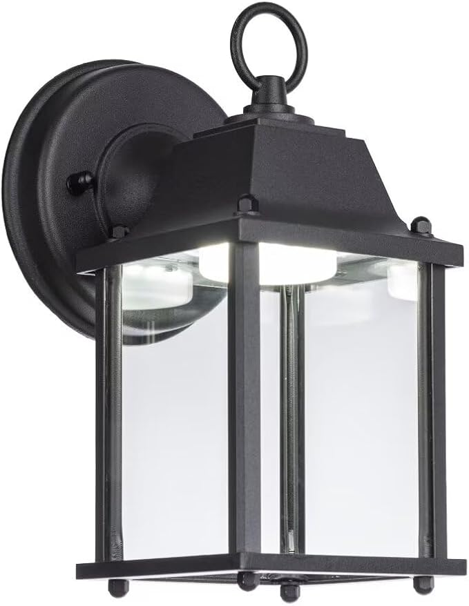 LIT-PaTH Outdoor LED Wall Lantern, Wall Sconce as Porch Lighting Fixture, 5000K Daylight White, 9.5W 800 Lumen, Aluminum Housing Plus Glass, Black Finish, 1-Pack