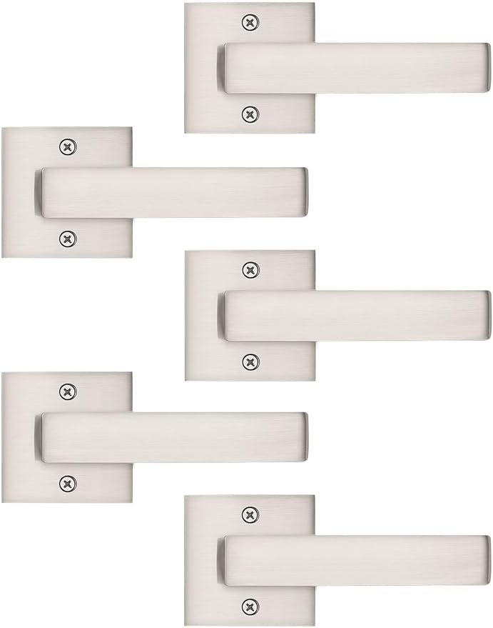 5 Pack Dummy Door Handles Brushed Nickel for Left Hand and Right Hand, Mordern Square Closet Hallway Door Knobs, Non-Turning Single Side Pull