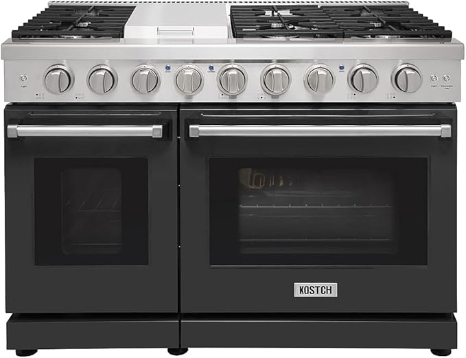 48 Inch Pro-Style Propane Gas Range with 6 Burners & 1 Griddle Cooktop, Double 4.6 cu. ft. and 2.2 cu. ft. Oven, in Stainless Steel - KOS-48RG03MLP (Black)
