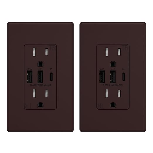 ELEGRP USB Outlets Receptacles, 3-Port Wall Outlet, 30W 6.0A Electrical Outlet, 15 Amp Tamper-Resistant Outlet with Type C Ports, UL Listed, Wall Plate Included, 2 Pack, Matte Brown