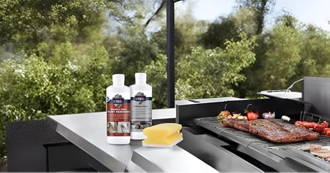 CLEAN MY STEEL Stainless Steel Rust Stain Remover & Cleaner Kit, NSF Safe for Food Areas. Includes Cleaner for Commercial Equipment, Appliances, Gloves & Sponge (8.5 oz)