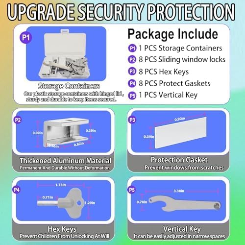 [10 Sets] Sliding Window Lock with Key Aluminum Alloy Adjustable Security Lock (Silver) Single Hole Quick Installation Anti-Theft and Anti-Theft Suitable for Vertical/Horizontal Windows