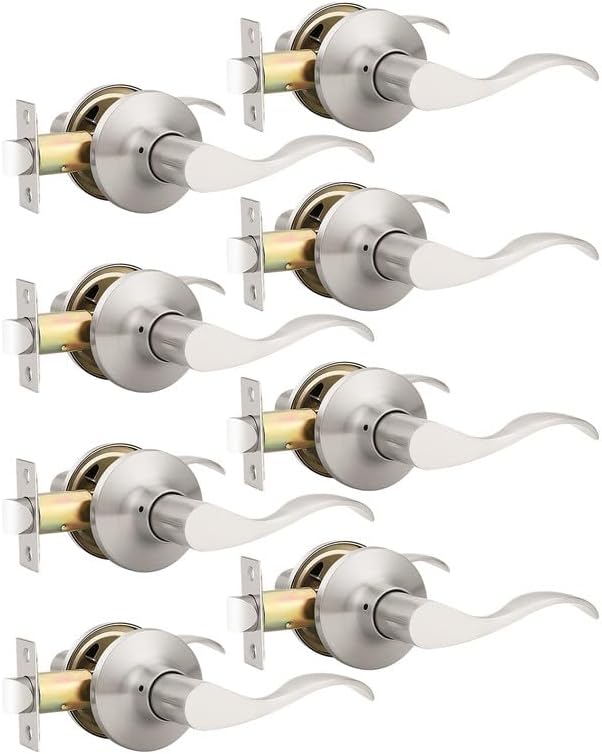 Mengico 8 Pack Satin Nickel Modern Interior Passage Door Knobs, Keyless Door Handle for Hallway & Closet, Wave Style Non-Locking Door Lever Reversible for Left & Right Handed