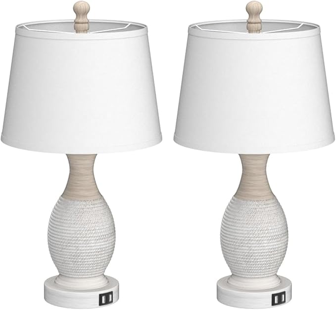 PARTPHONER Table Lamps Set of 2, Bedside Touch Lamp with USB C+A Charging Ports, Side Table Lamp with White Fabric Shade (LED Bulbs Included)