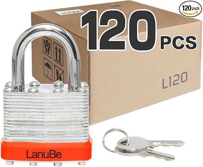 LanuBe Lock Laminated keyed Padlock (1-9/16", 40mm), keyed Alike Locks, Normal Shackle,Marked Orange Plastic Hoop, Pack of 120