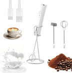 Rechargable Milk Frother, Handheld Drink Mixer with Whisk Attachment, 2025 upgraded, powerfull 3 speed motor, Type C charging with charge light, with extra egg mix head (White with Stand)