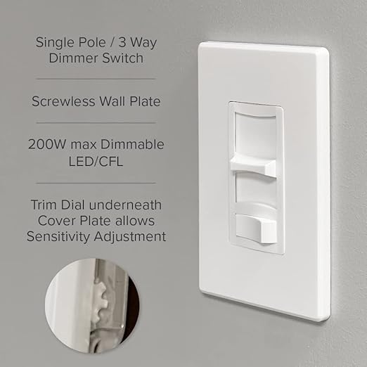 Maxxima LED Slide Dimmer Switch - 3-Way/Single Pole Decorative Electrical Light Switch, 600 Watt Max, LED Compatible On/Off Switch, Screwless Wall Plate Cover Included