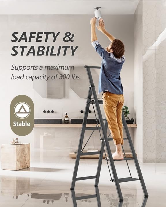 5 Step Ladder, Folding Step Stool, Portable Iron Foldable Black Ladder for 10 Foot High Ceiling with Anti-Slip Wide Sturdy Pedal and Handgrip, Multi-Use for Home (300 lbs Capacity)
