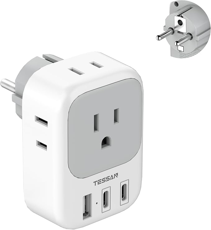 TESSAN Type E F Plug Adapter, France Travel Power Adaptor with 3 USB Ports(2 USB C) and 4 AC Outlets, US to Europe EU Germany Spain Greece Portugal Iceland Paris Russia Poland Norway
