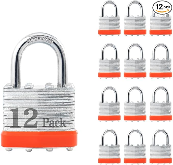 ZonRo Locks Laminated Steel Keyed Padlocks,Keyed Alike Locks, 1-9/16 inch Wide,Normal Shackle Padlocks, Pack of 12，Orange Hoop, for Hasp Latch, Sheds, Fences, Storage Locker, School, Gym