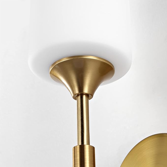 Gold Wall Sconce Set of 2 with White Cylinder Glass Shades Modern Mid Century Bathroom Vanity Wall Light Fixtures Industrial Brushed Brass Wall Lamp for Bedroom Mirror Living Room Restaurant